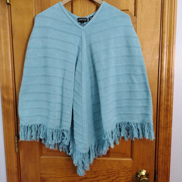 JEANNE PIERRE Sweaters - 100% cotton Large Jeanne Pierre turquoise‎ teal knit Fringe poncho